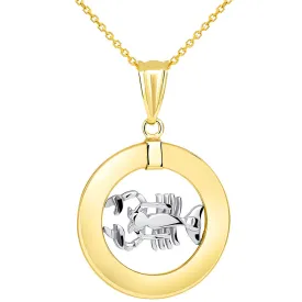14k Two Tone Gold Open Circle Cancer Zodiac Sign Pendant Necklace