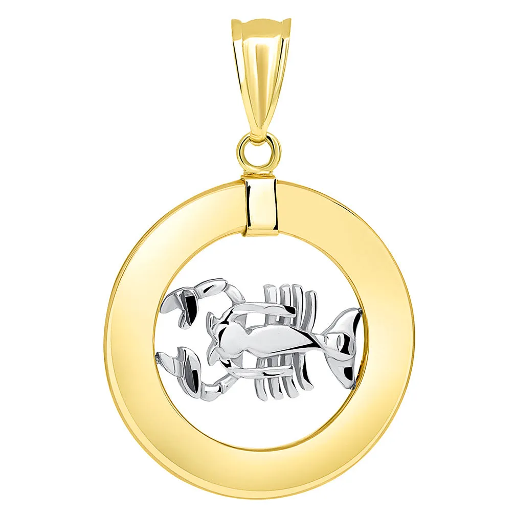 14k Two Tone Gold Open Circle Cancer Zodiac Sign Pendant Necklace