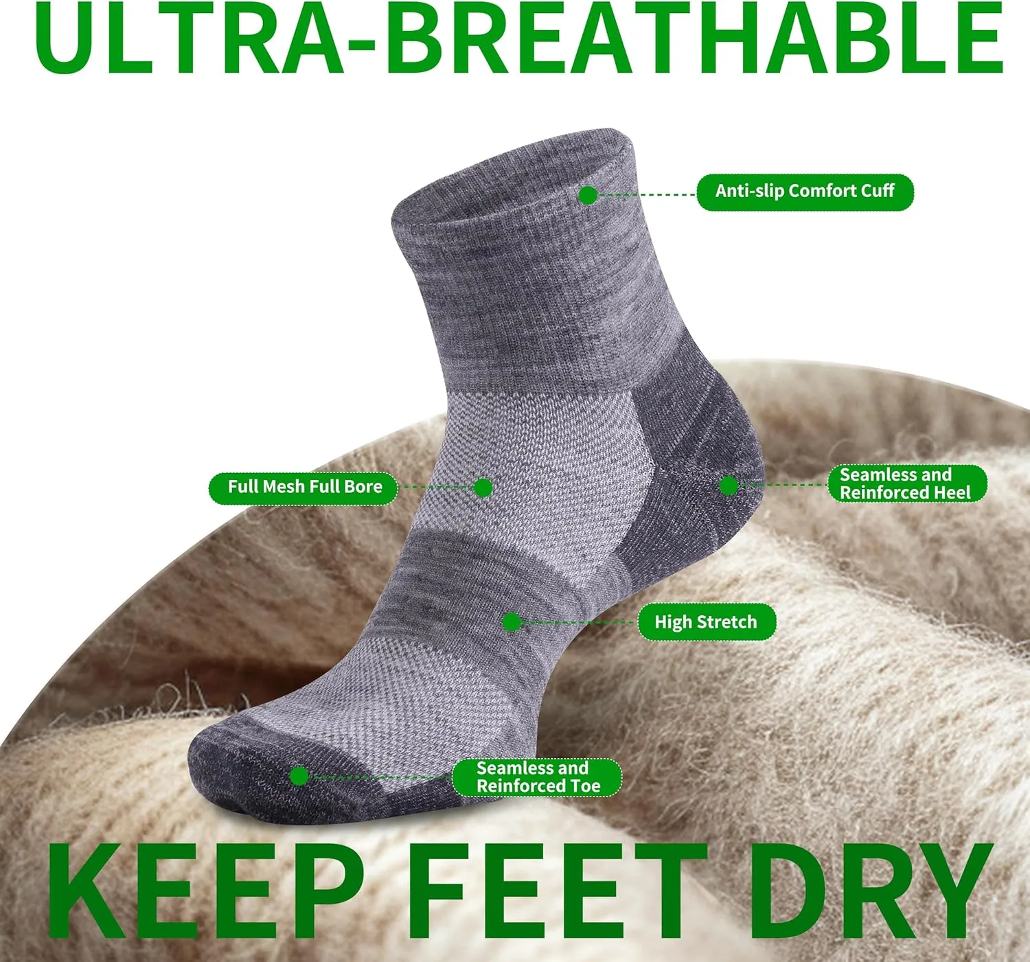 90% Merino Wool Socks for Men Athletic Ankle Socks for Women with Arch Support Breathable Soft Wool Ankle,3 Pairs