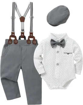 Baby Boy Clothes Suits 0-24M Infant Gentleman Outfit Long Sleeve Dress Shirt Suspender Pants Bowtie Beret Wedding Set
