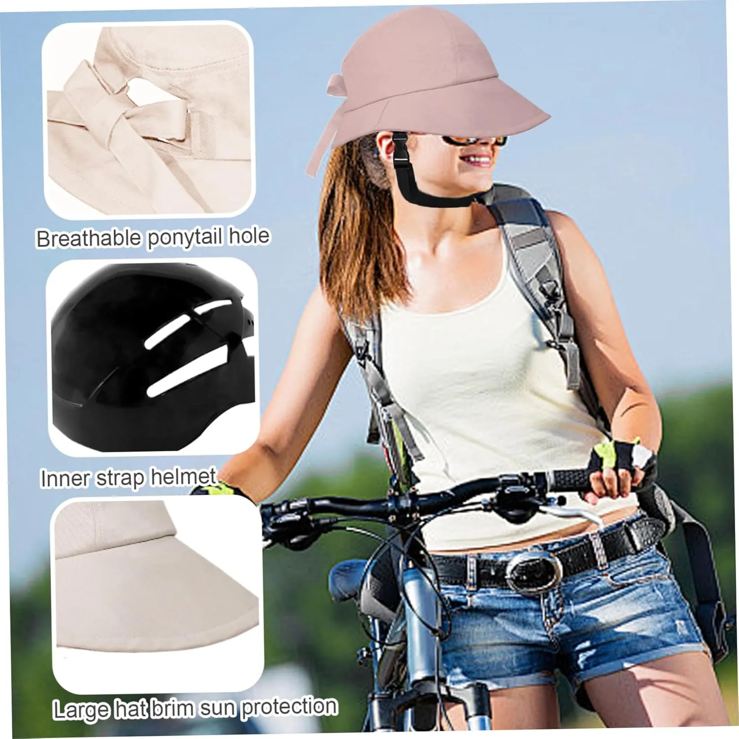Bicycle Helmet Women, Bicycle Helmet Wide Brim UV Protection Adjustable Shaped Unisex Cycling Hat Safe Comfortable Sun Hat Bike Helmet for School Cycling Riding, Bicycle Helmet