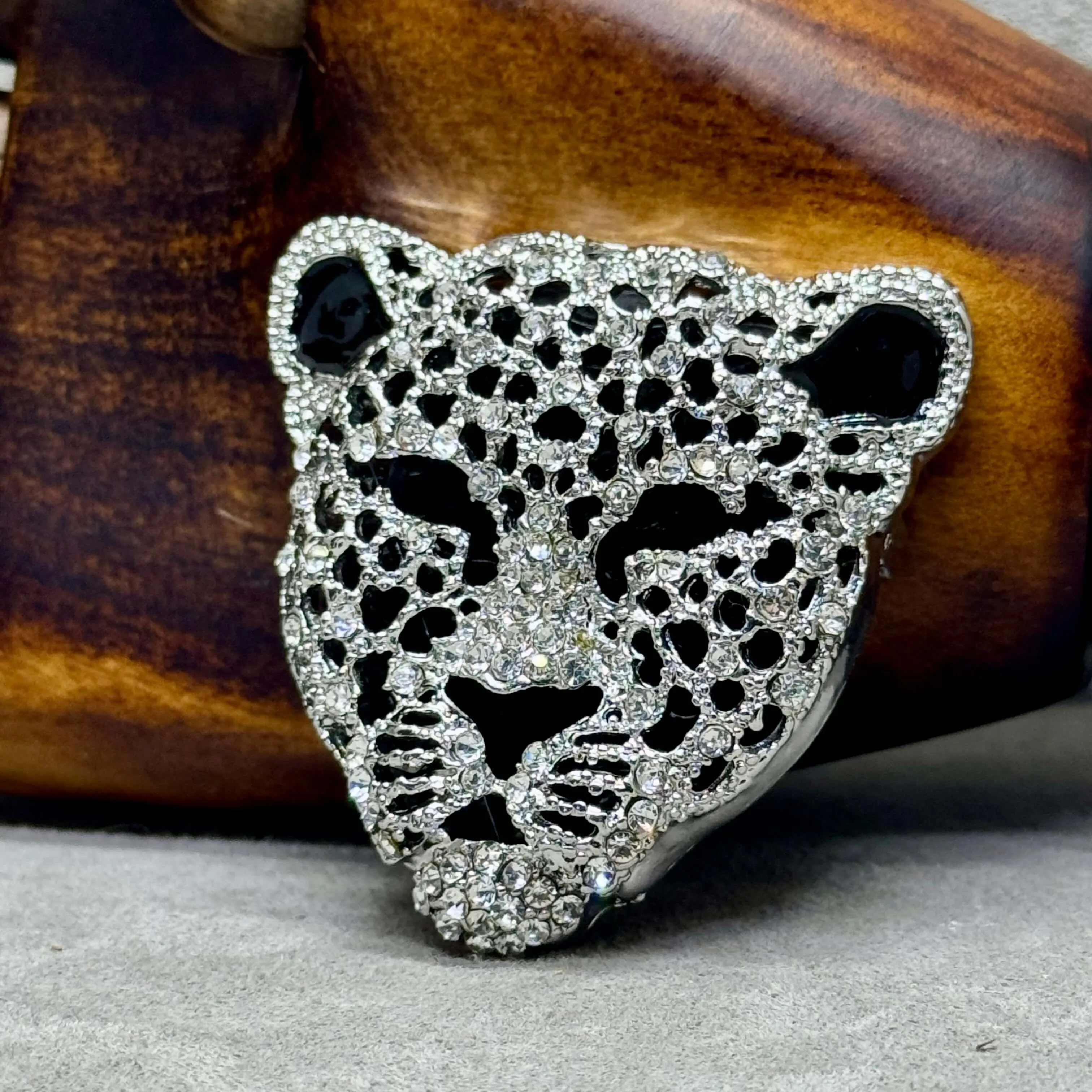 Black Enamel & Austrian Crystal Panther Brooch