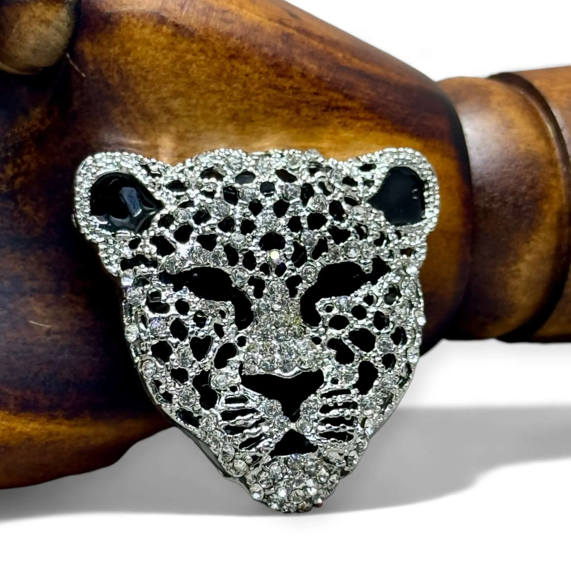 Black Enamel & Austrian Crystal Panther Brooch