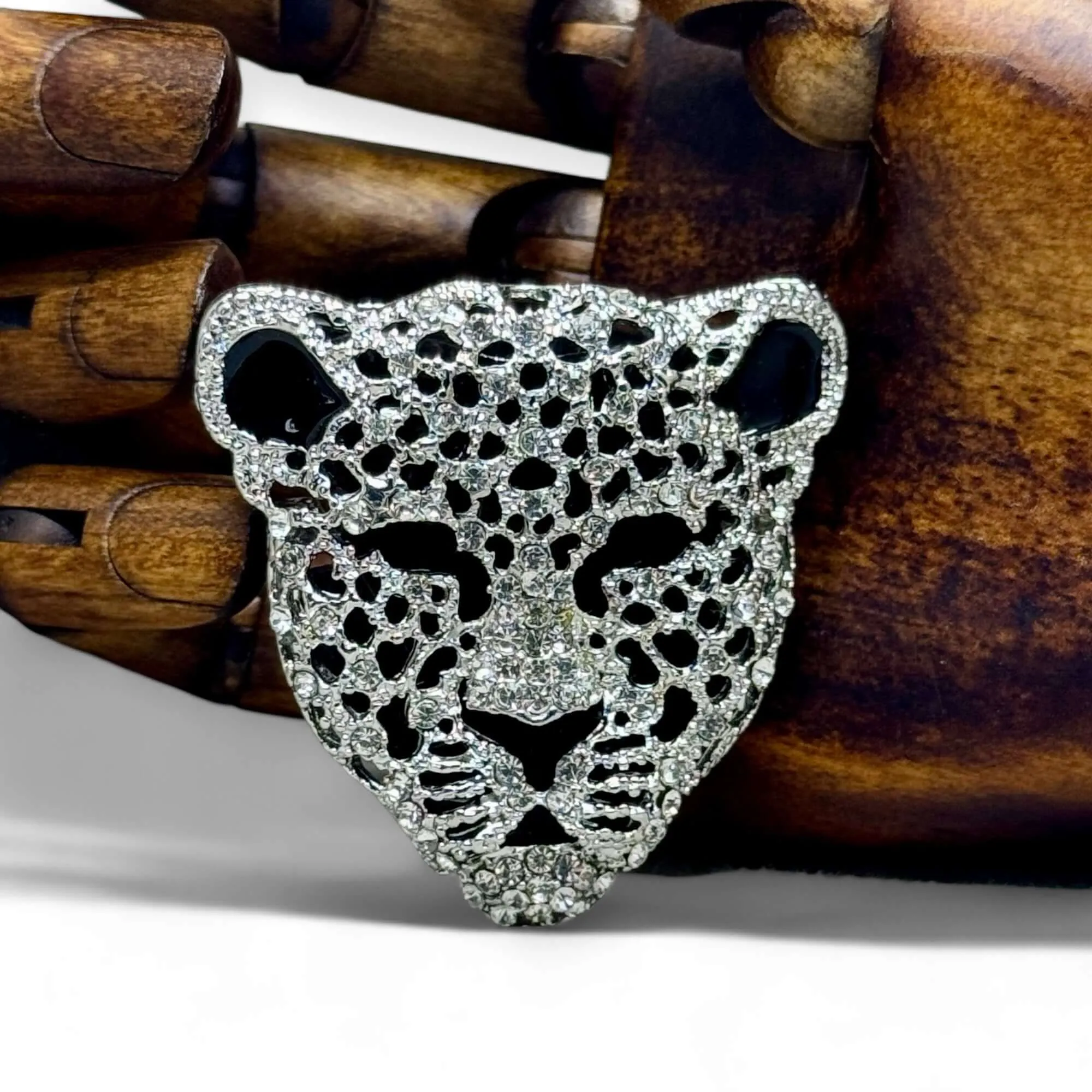 Black Enamel & Austrian Crystal Panther Brooch