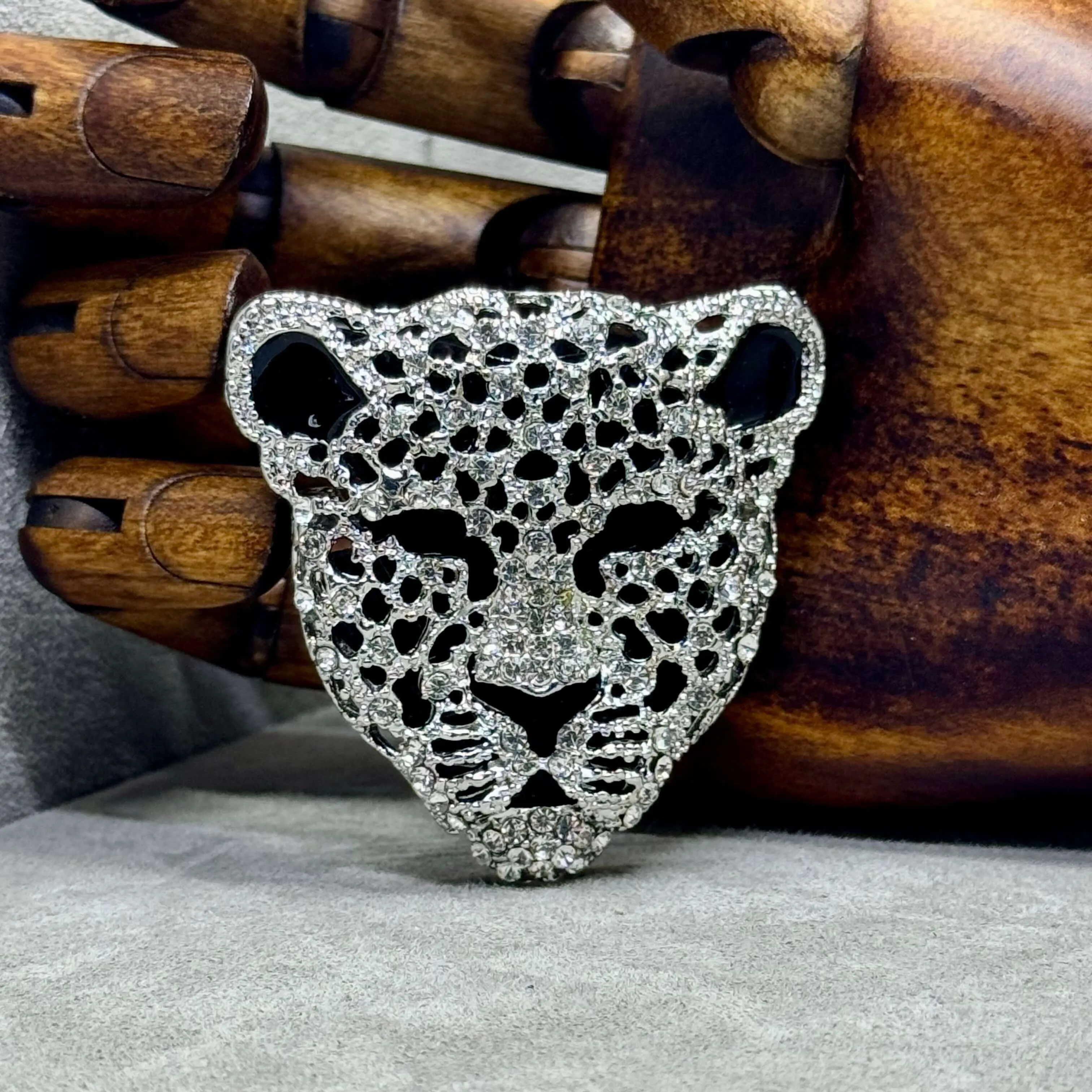 Black Enamel & Austrian Crystal Panther Brooch