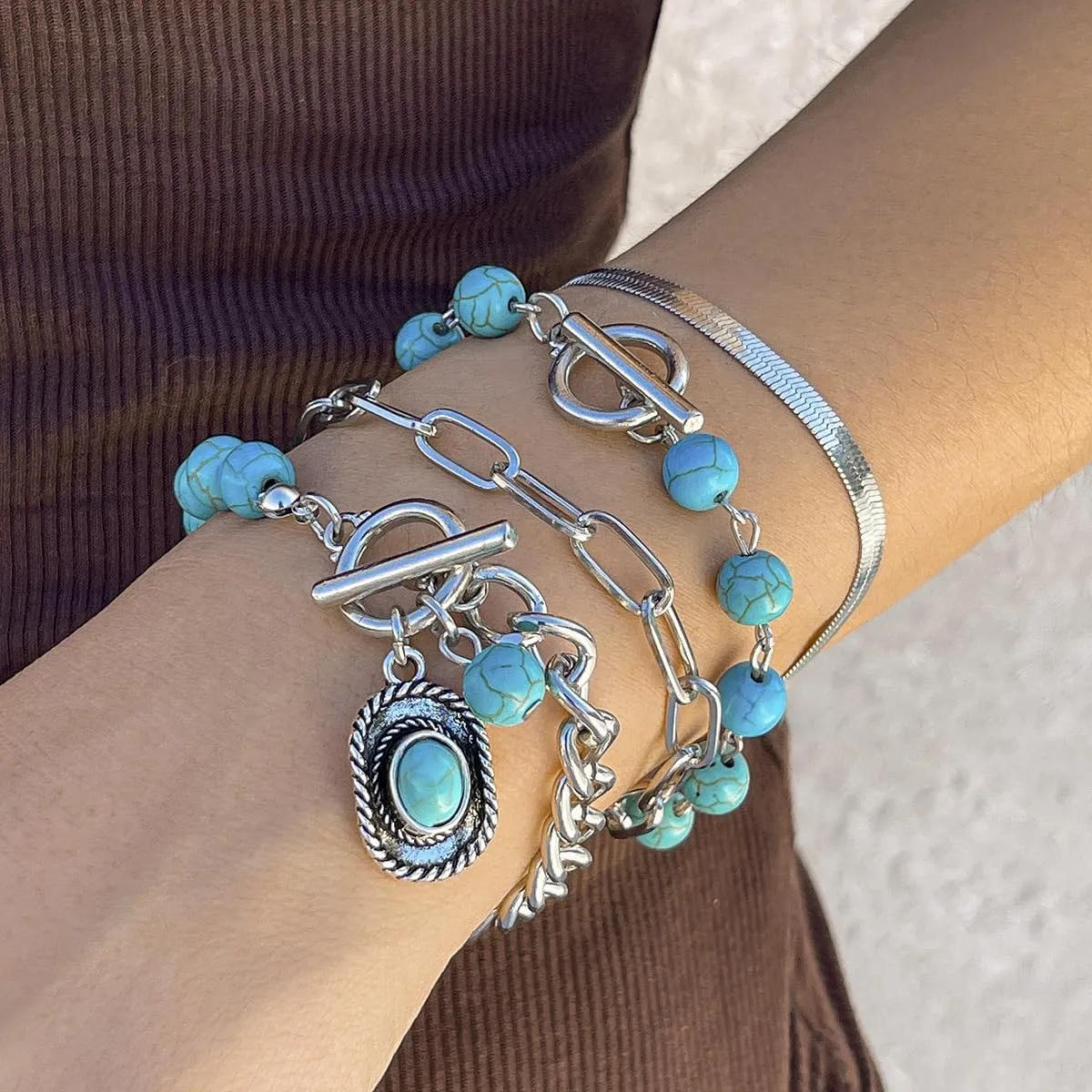 Bohemian Retro Western Cowgirl Turquoise Beaded Stackable Bracelets Turquoise Bull Head Cow Cactus Feather Boot Pendant Bracelets for Women Ethnic Holiday Jewelry