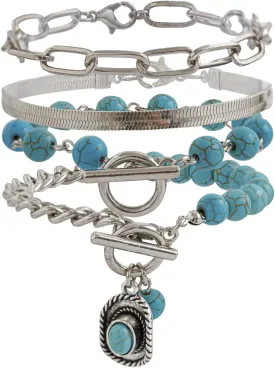 Bohemian Retro Western Cowgirl Turquoise Beaded Stackable Bracelets Turquoise Bull Head Cow Cactus Feather Boot Pendant Bracelets for Women Ethnic Holiday Jewelry