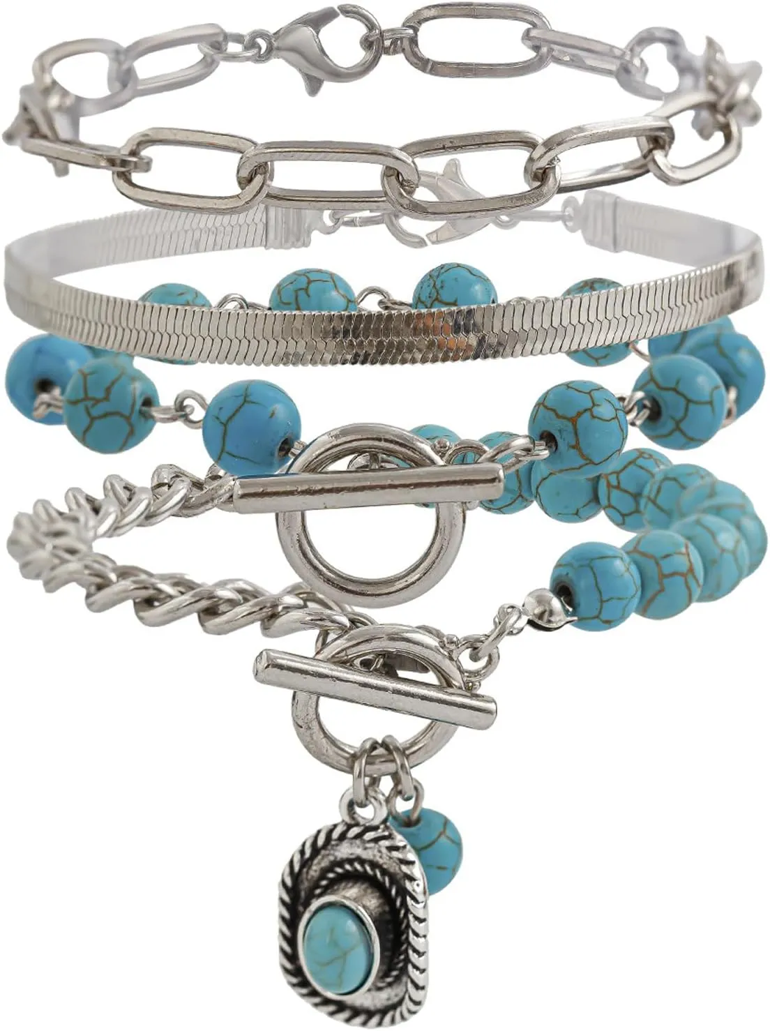 Bohemian Retro Western Cowgirl Turquoise Beaded Stackable Bracelets Turquoise Bull Head Cow Cactus Feather Boot Pendant Bracelets for Women Ethnic Holiday Jewelry