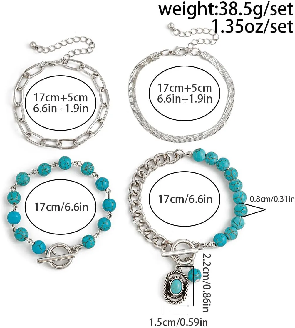 Bohemian Retro Western Cowgirl Turquoise Beaded Stackable Bracelets Turquoise Bull Head Cow Cactus Feather Boot Pendant Bracelets for Women Ethnic Holiday Jewelry