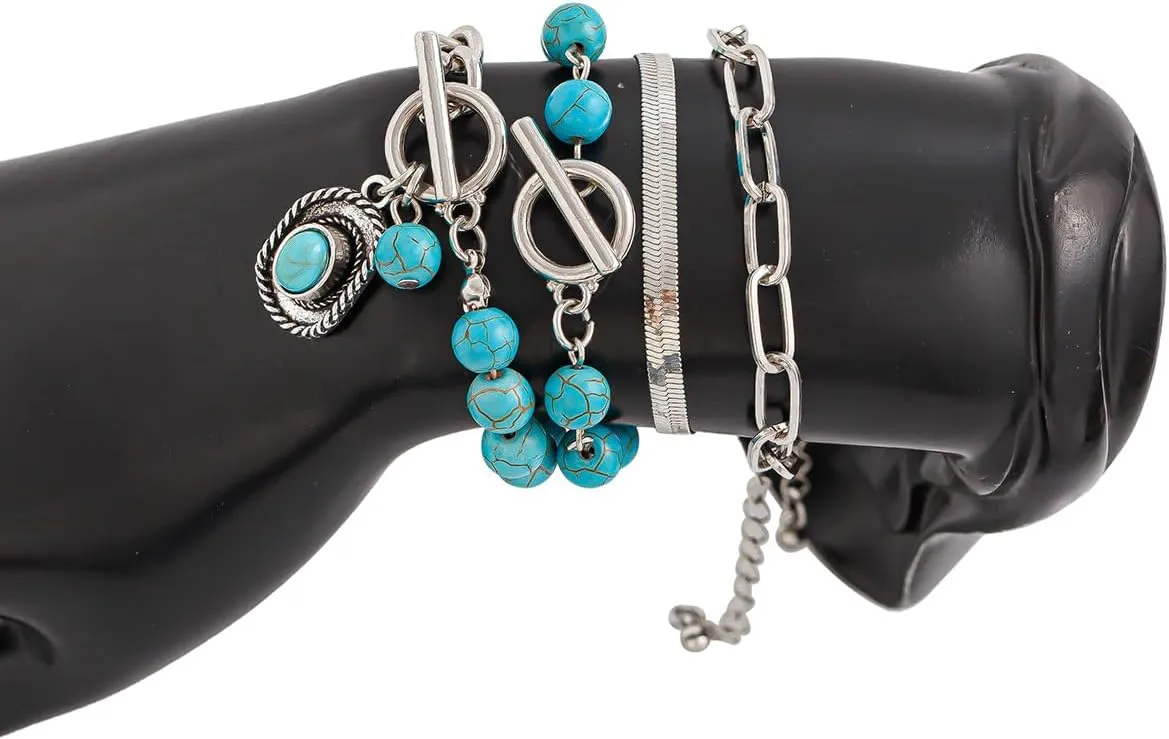 Bohemian Retro Western Cowgirl Turquoise Beaded Stackable Bracelets Turquoise Bull Head Cow Cactus Feather Boot Pendant Bracelets for Women Ethnic Holiday Jewelry