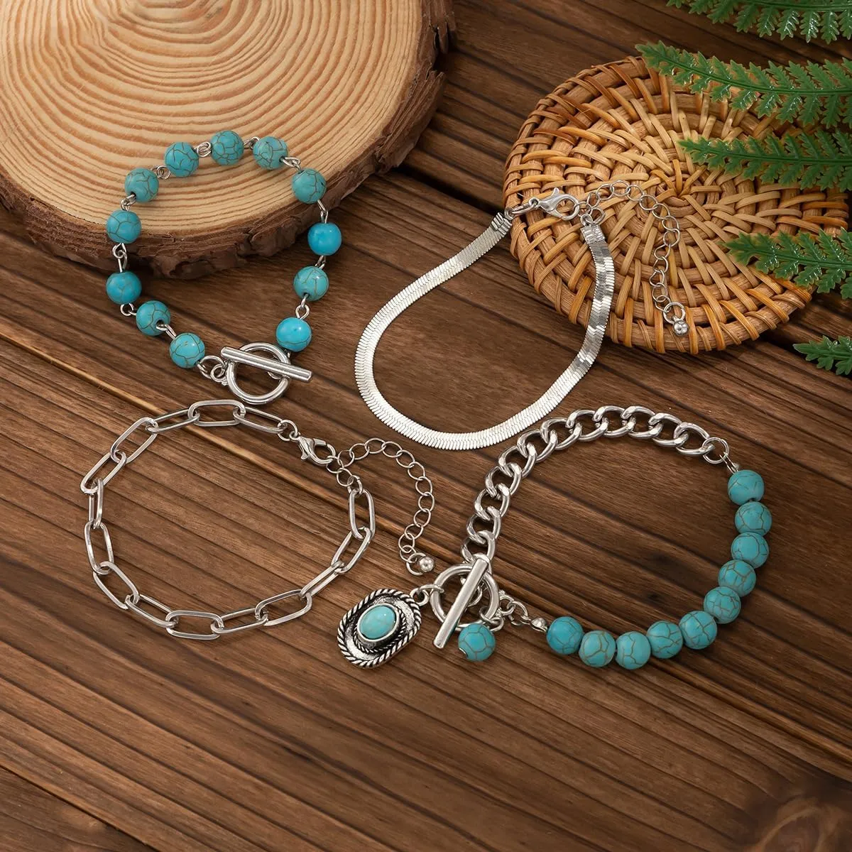 Bohemian Retro Western Cowgirl Turquoise Beaded Stackable Bracelets Turquoise Bull Head Cow Cactus Feather Boot Pendant Bracelets for Women Ethnic Holiday Jewelry