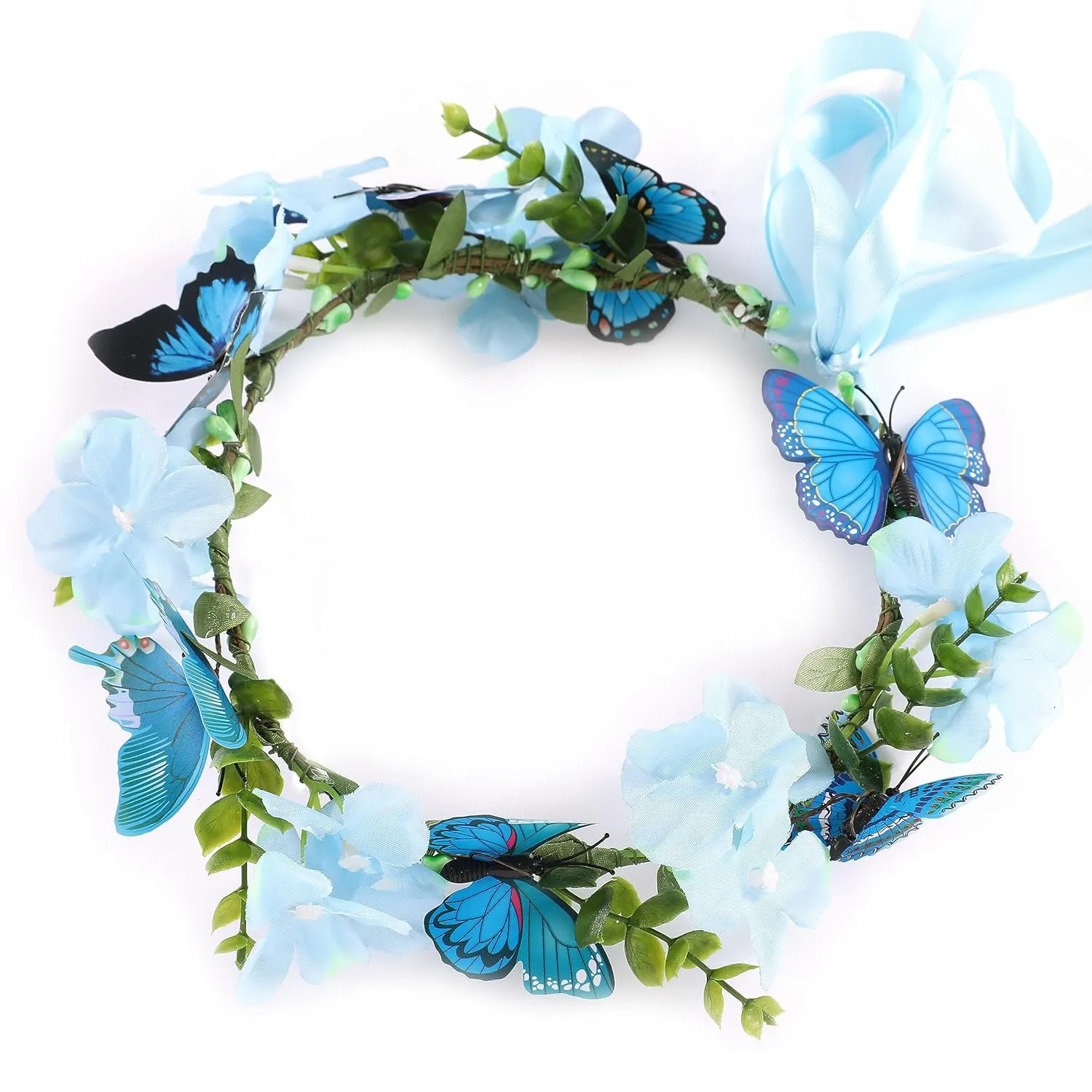 Butterfly Flower Crown for Women Girls Fairy Flower Headband Crown Adjustable Wedding Festival Floral Hair Wreath Blue