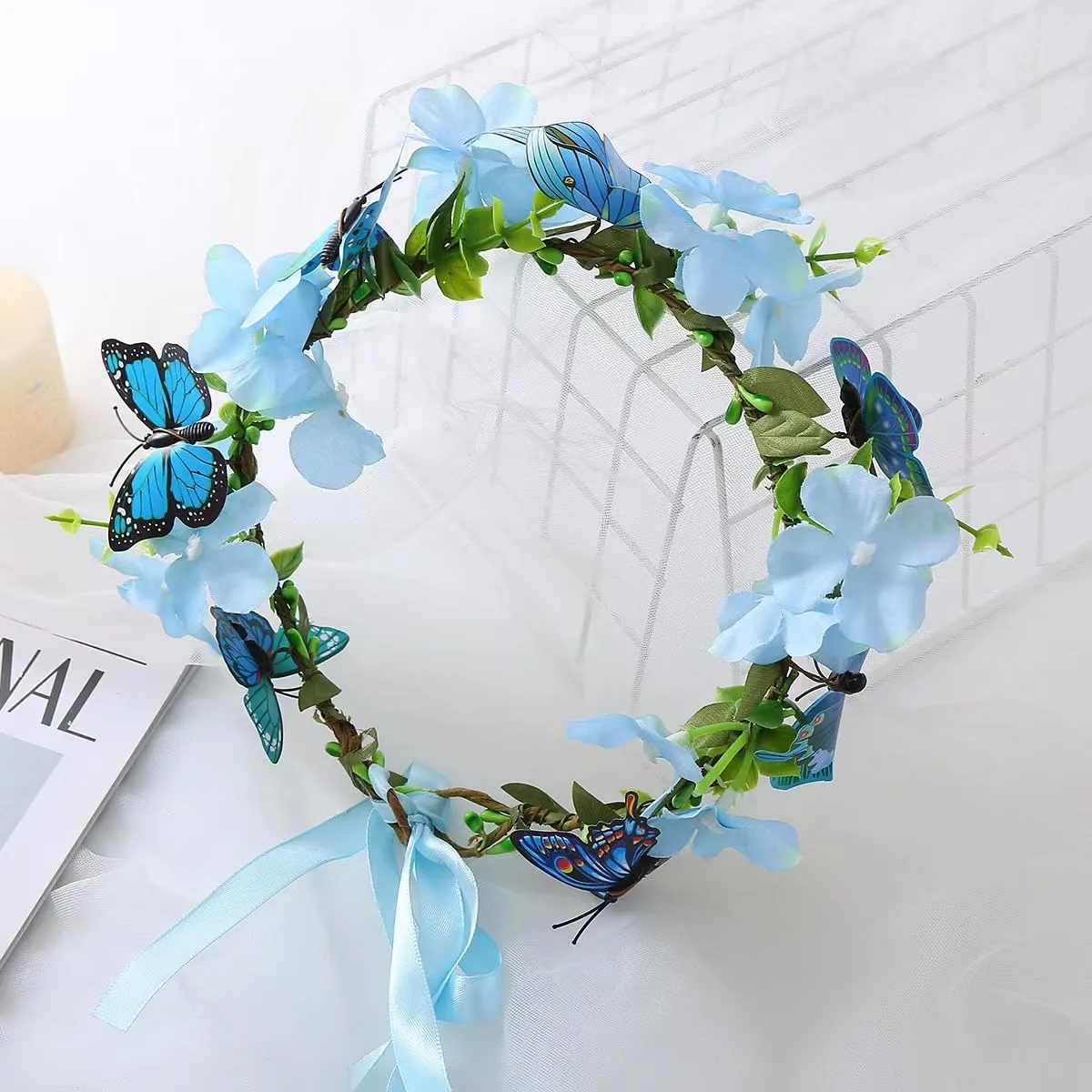 Butterfly Flower Crown for Women Girls Fairy Flower Headband Crown Adjustable Wedding Festival Floral Hair Wreath Blue