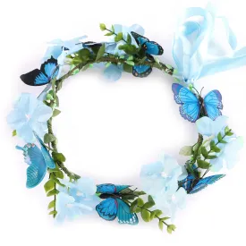 Butterfly Flower Crown for Women Girls Fairy Flower Headband Crown Adjustable Wedding Festival Floral Hair Wreath Blue