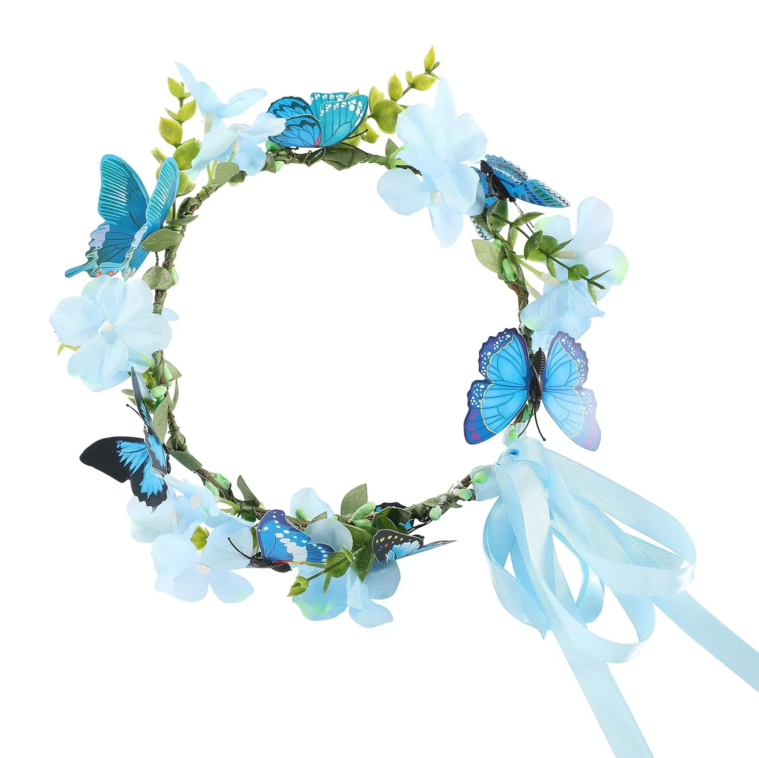 Butterfly Flower Crown for Women Girls Fairy Flower Headband Crown Adjustable Wedding Festival Floral Hair Wreath Blue