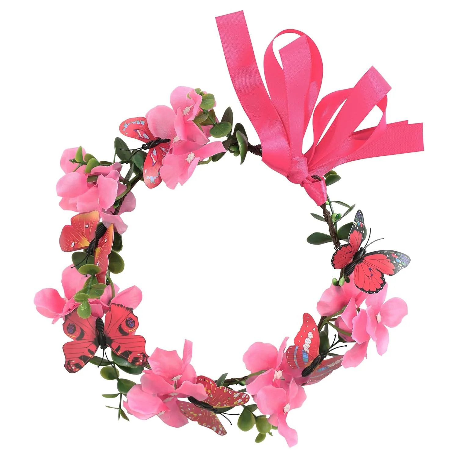 Butterfly Flower Crown for Women Girls Fairy Flower Headband Crown Adjustable Wedding Festival Floral Hair Wreath Hot Pink