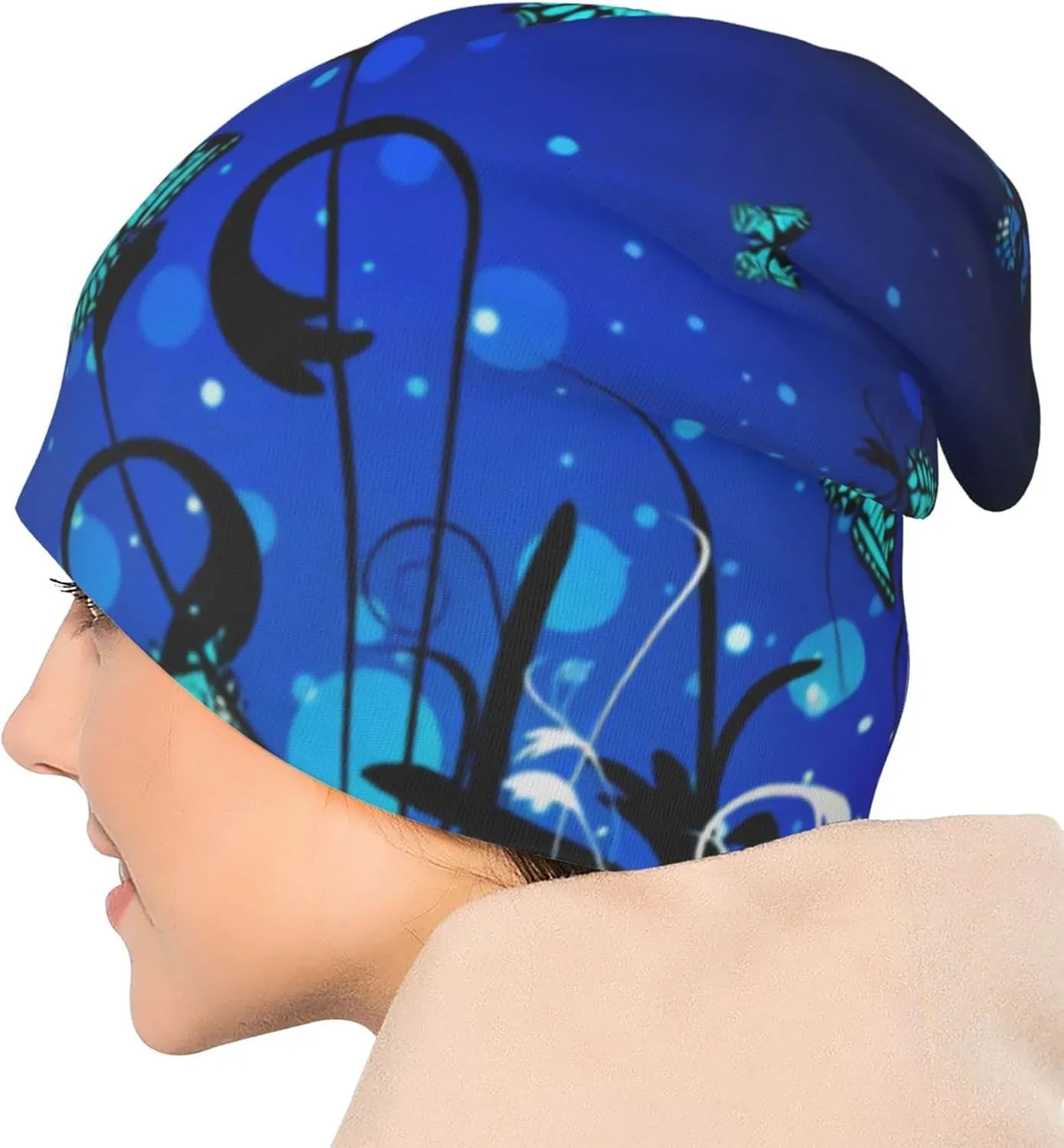 Butterfly Pattern Beanie Chemo Hat Cancer Headwear Knitted Hats Baggy Slouchy Scarf Cap for Adults Women Men