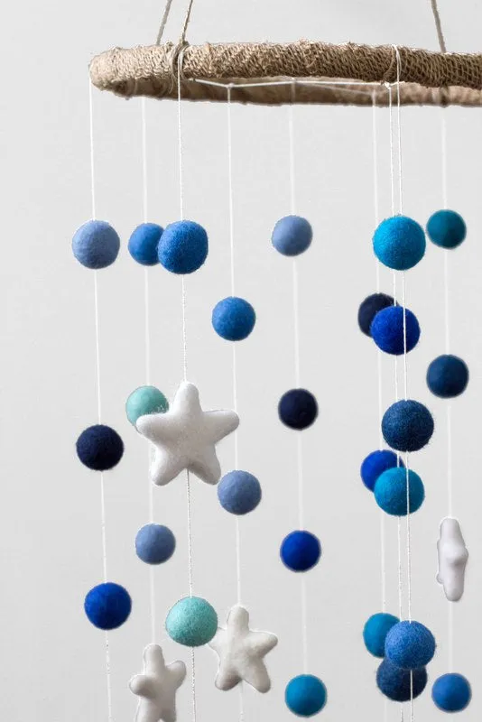Felt Ball & Star Nursery Mobile- Shades of Blue- LARGE