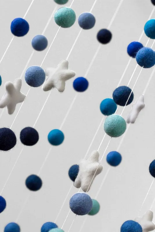 Felt Ball & Star Nursery Mobile- Shades of Blue- LARGE