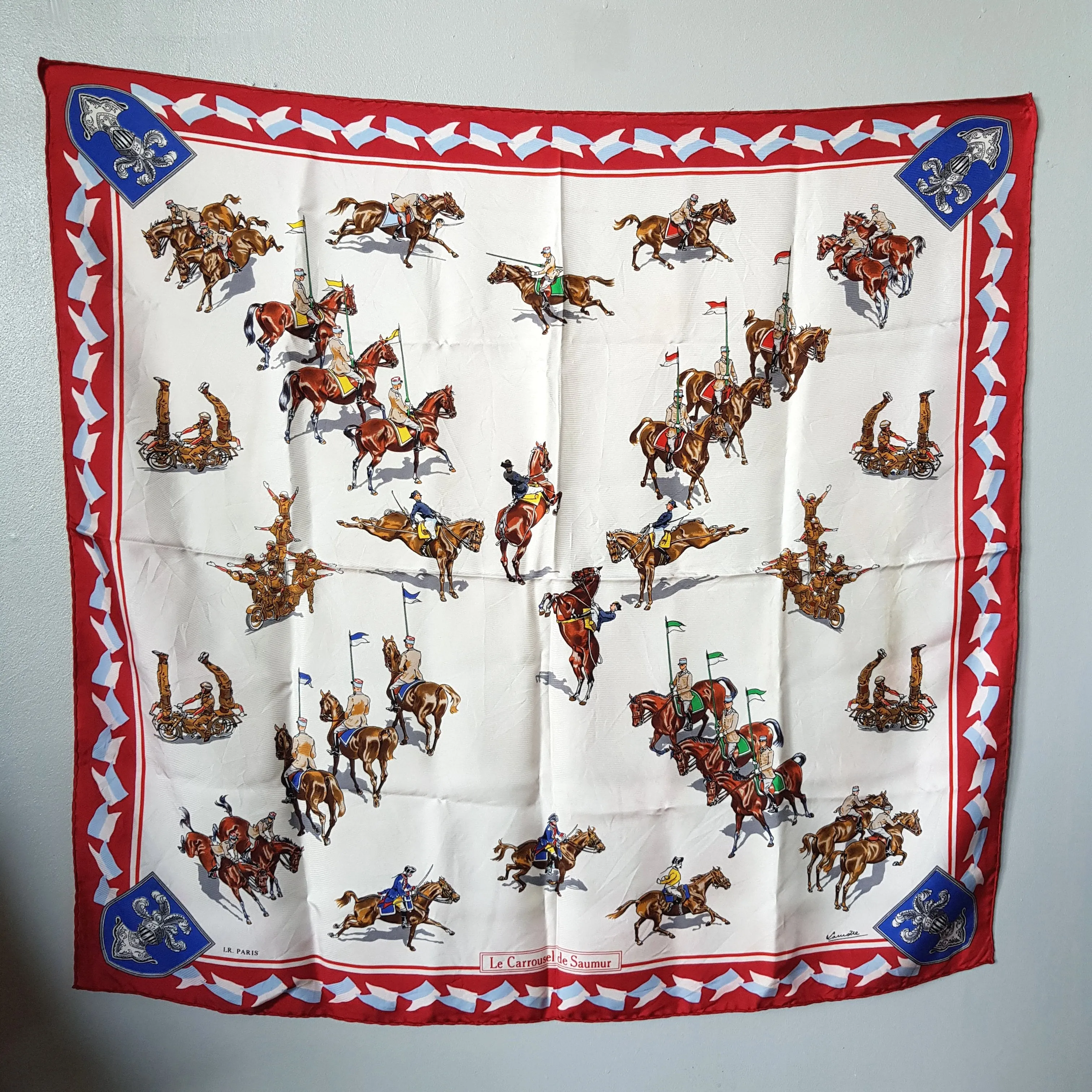 French Silk Scarf Carrousel De Saumur Military Equestrian Festival Printed Vintage Boxed Circa 1970's