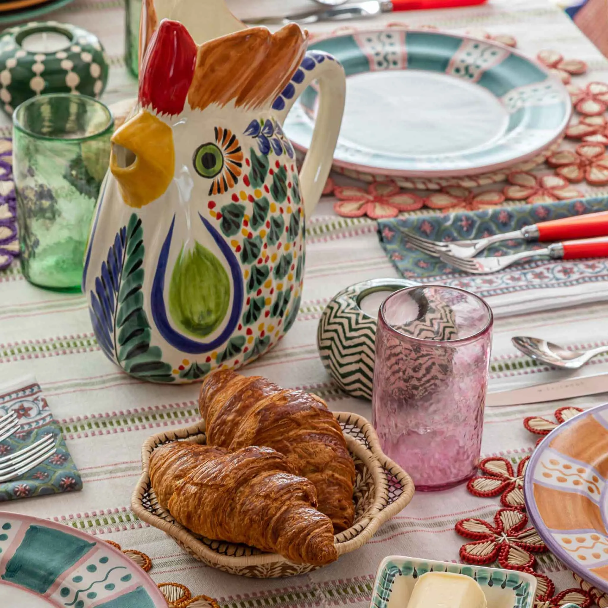 Handwoven Striped Tablecloth Pink Green