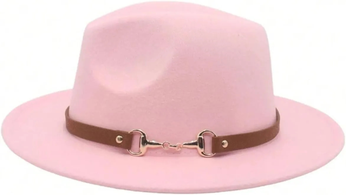 Men's Classic Felt Jazz Hat Wide Brim Panama Hat with Belt Buckle Vintage Fedora Hats