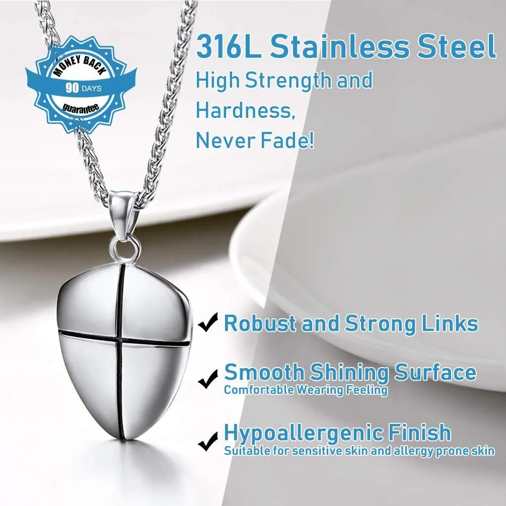 Put On The Full Armor of God Shield Necklace,Stainless Steel Cross Shield Necklace,Ephesians 6:10/Isaiah 54:17/Joshua 1:9b Jewelry for Men Women (with Box)