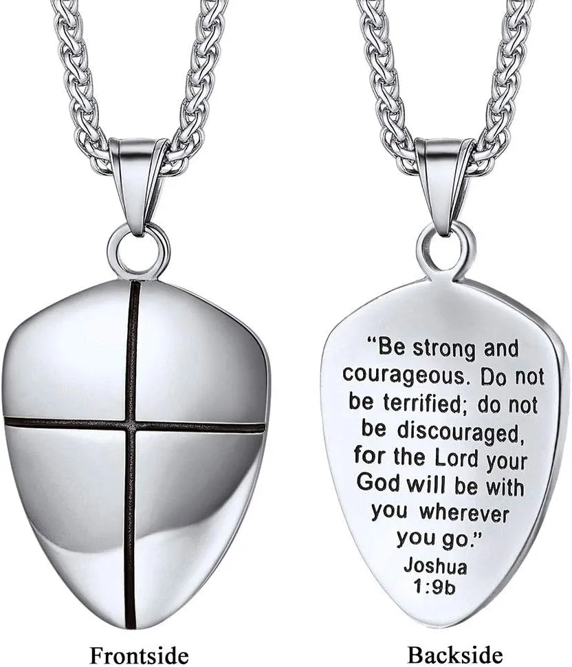 Put On The Full Armor of God Shield Necklace,Stainless Steel Cross Shield Necklace,Ephesians 6:10/Isaiah 54:17/Joshua 1:9b Jewelry for Men Women (with Box)