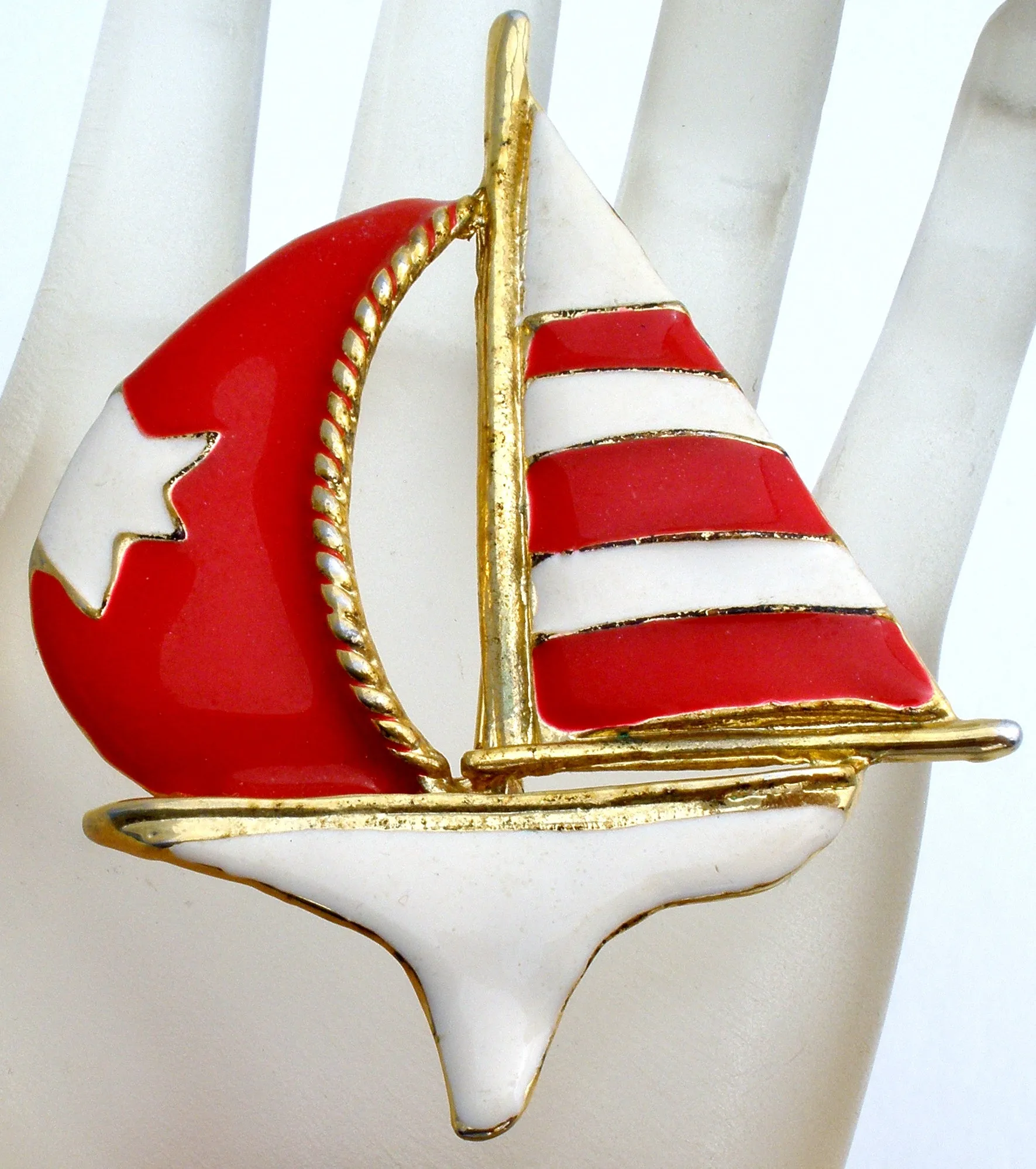 Sailboat Brooch Red & White Star Enamel Nautical Pin Vintage