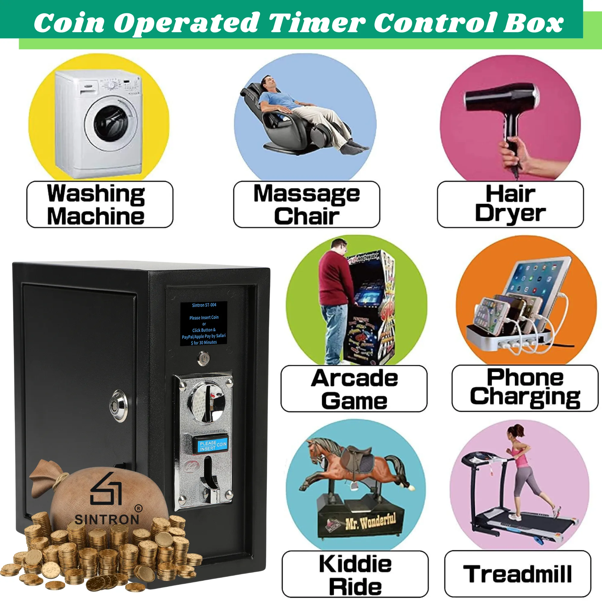 Sintron ST-004 110V~240V Coin & Mobile contactless Payment Operated Timer Control Power Box - Credit Card Apple Pay Google Pay PAYPAL Venmo Cash App STRIPE Square etc...(not limited)