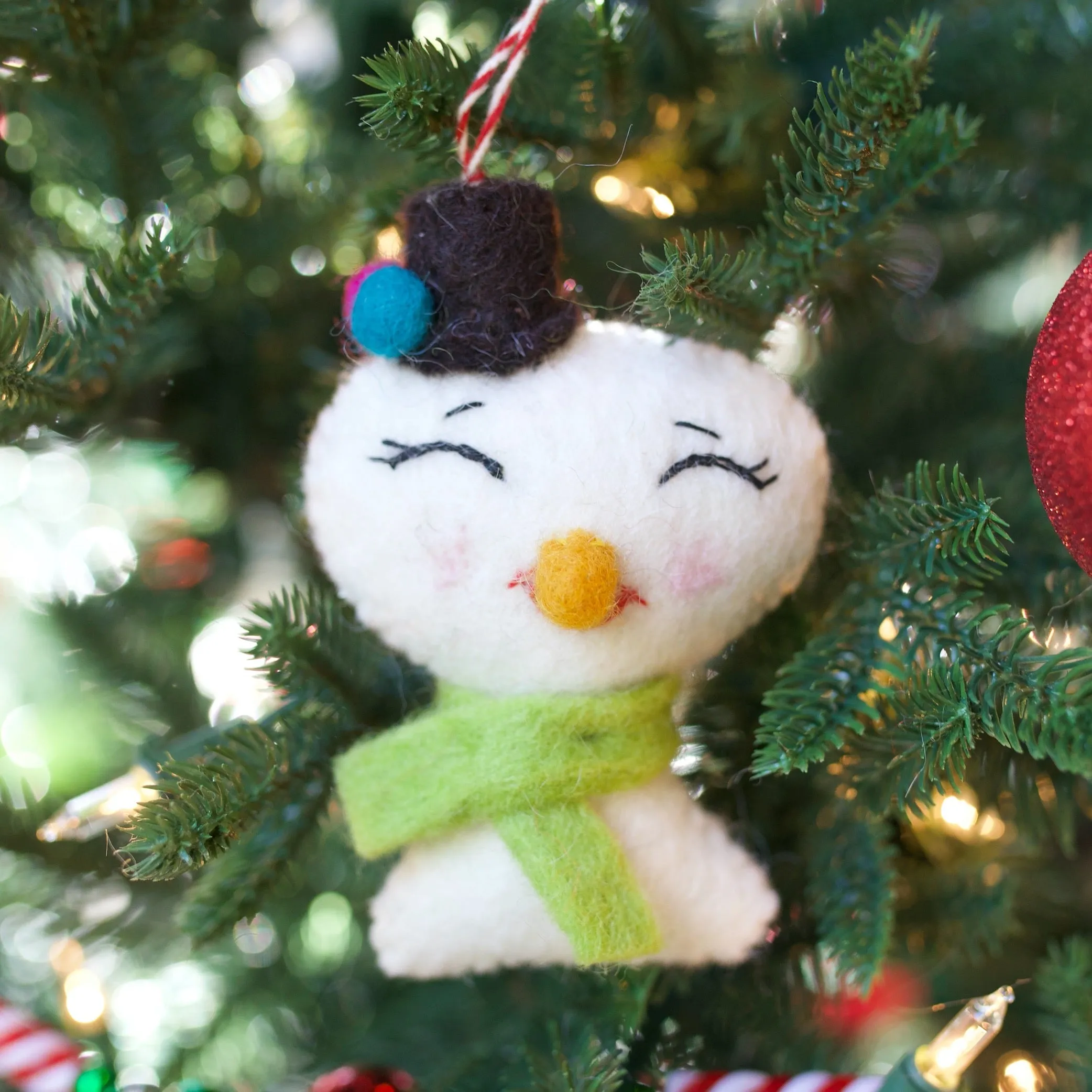 Smiling Snowman Ornament, Felt Wool