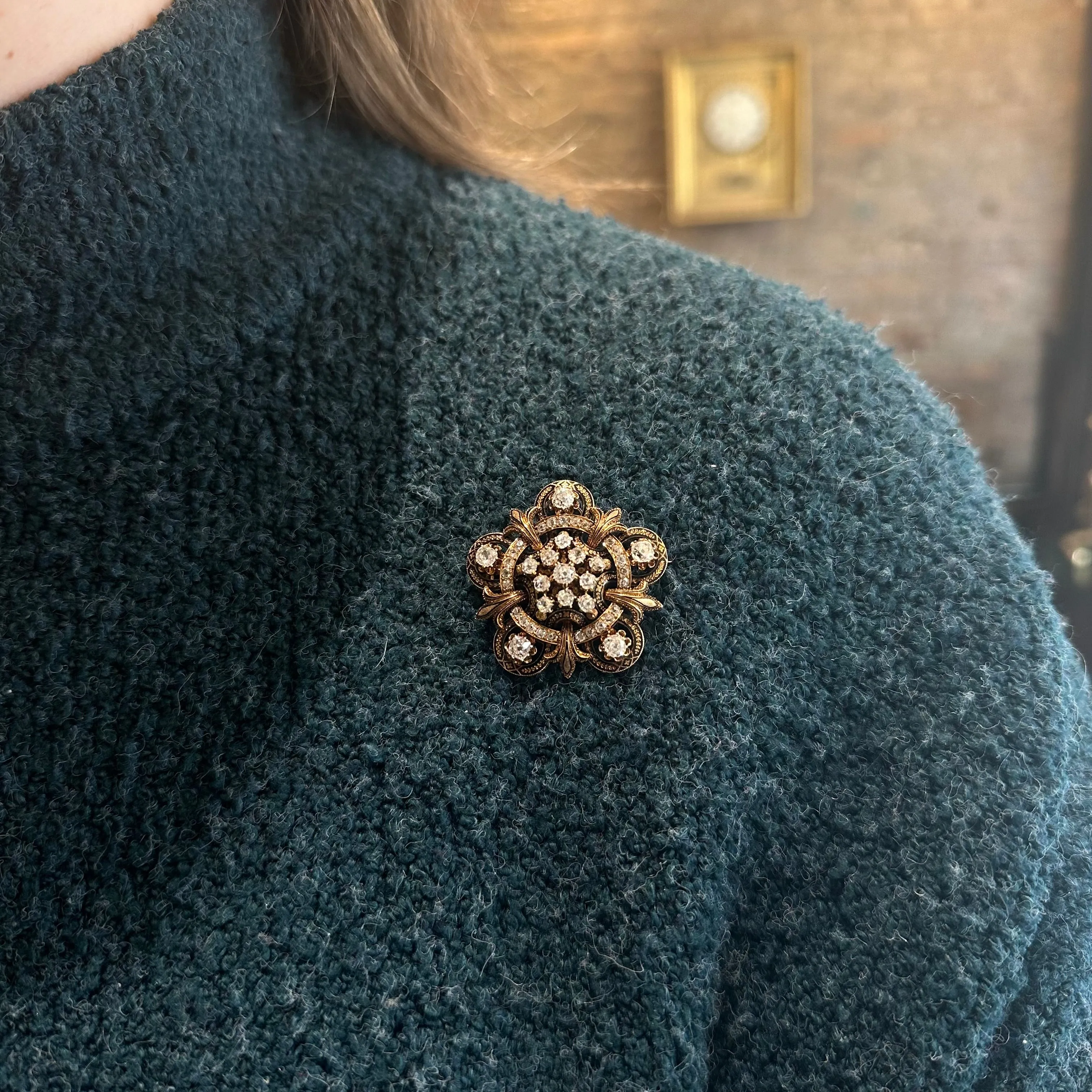 Victorian 4.25 CTW Old Mine Cut Diamond and Black Enamel Pendant/Brooch