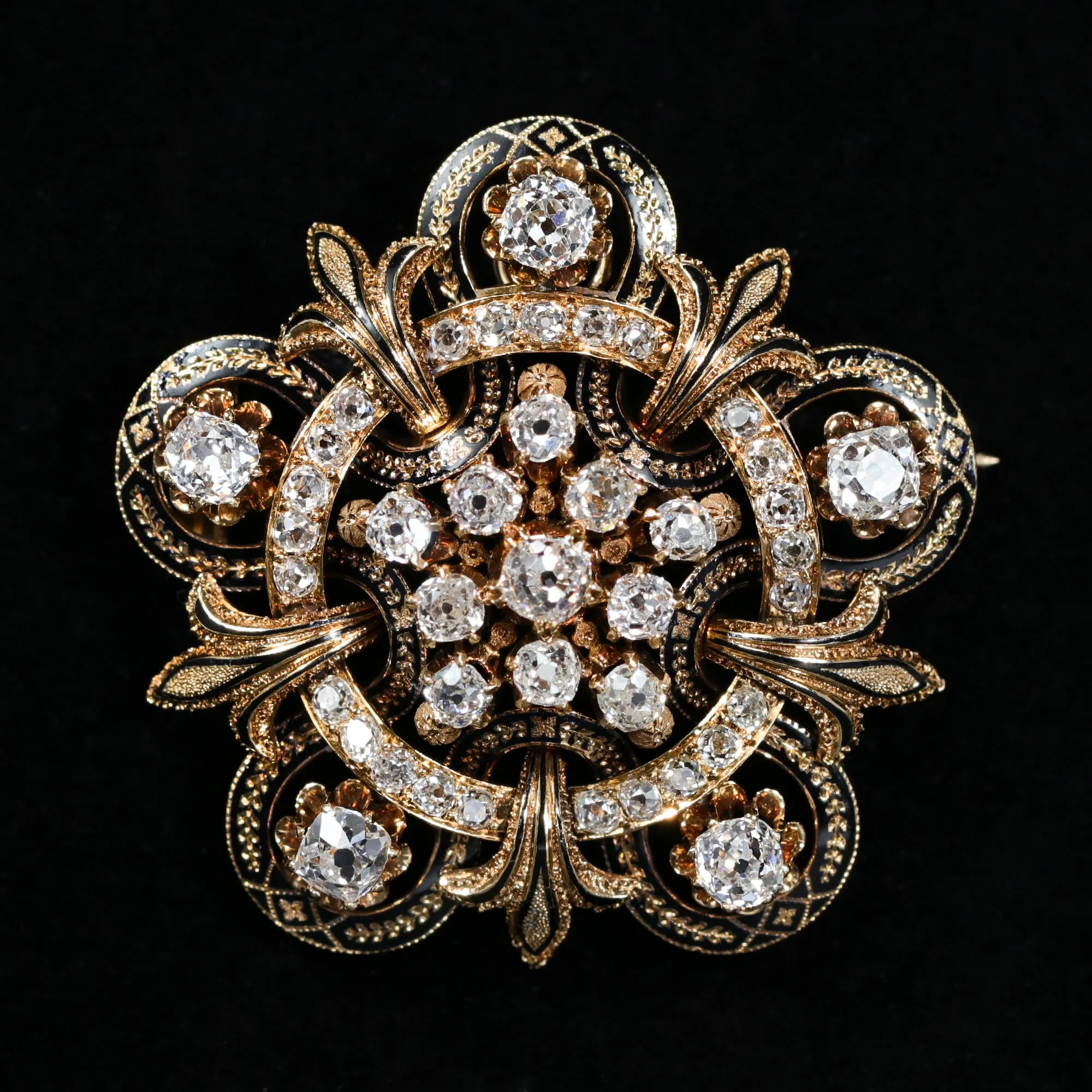 Victorian 4.25 CTW Old Mine Cut Diamond and Black Enamel Pendant/Brooch