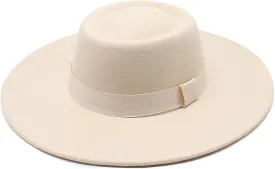 Wide Brim Panama Fedora Hat - Warm Felt Flat Top Pork Pie Cap for Women Men (Size:M/L)