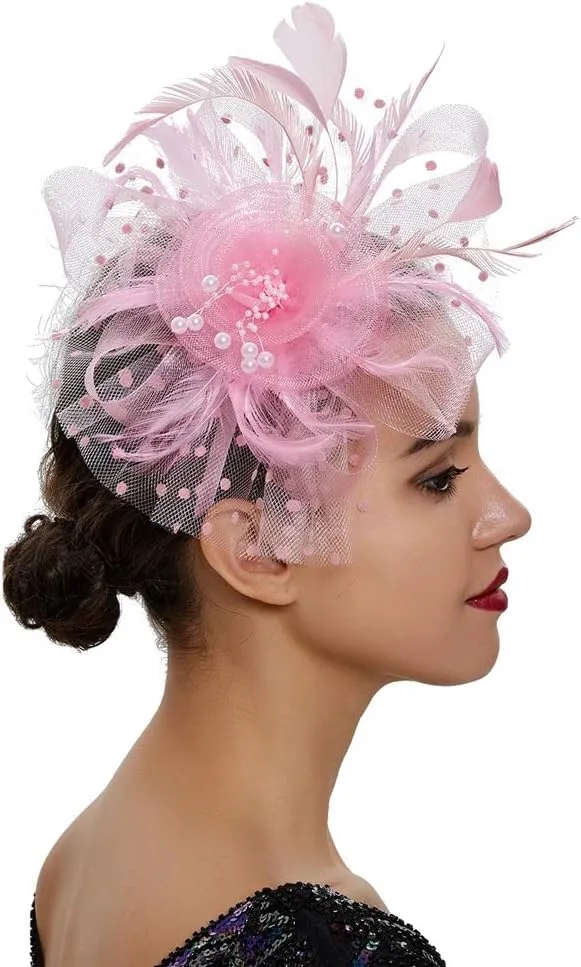 Women Fascinator Feather Flower Hair Clip Pin Brooch Corsage for Bridal Hairband Derby Hat Cocktail Party Wedding