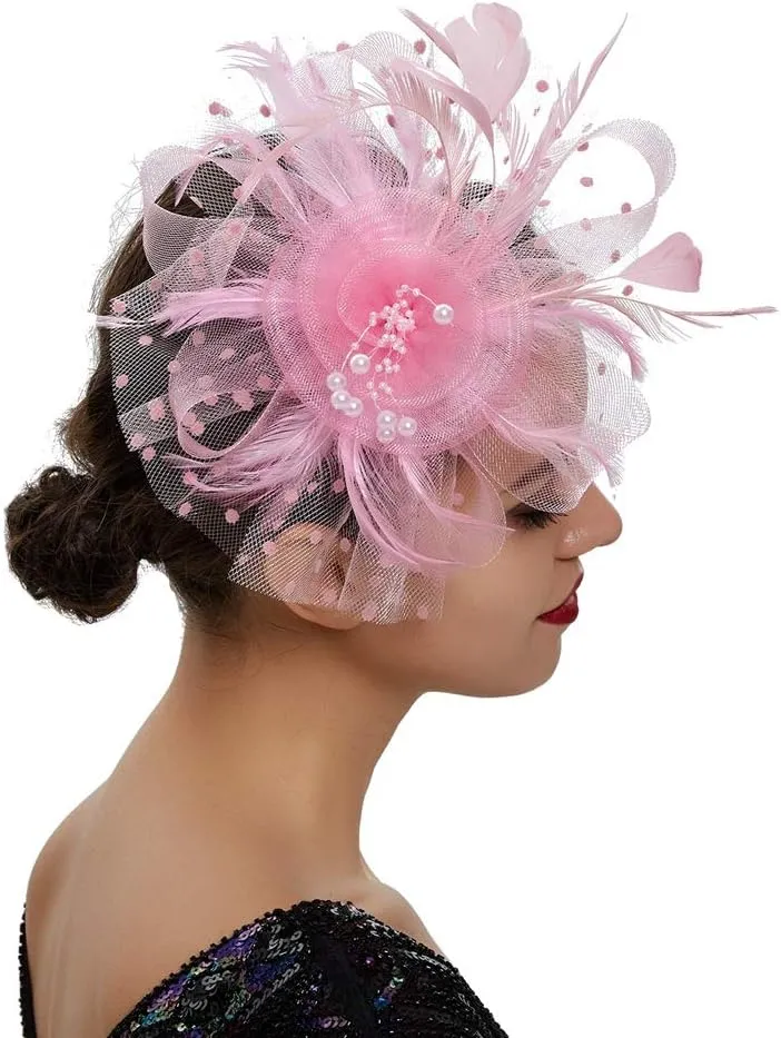 Women Fascinator Feather Flower Hair Clip Pin Brooch Corsage for Bridal Hairband Derby Hat Cocktail Party Wedding