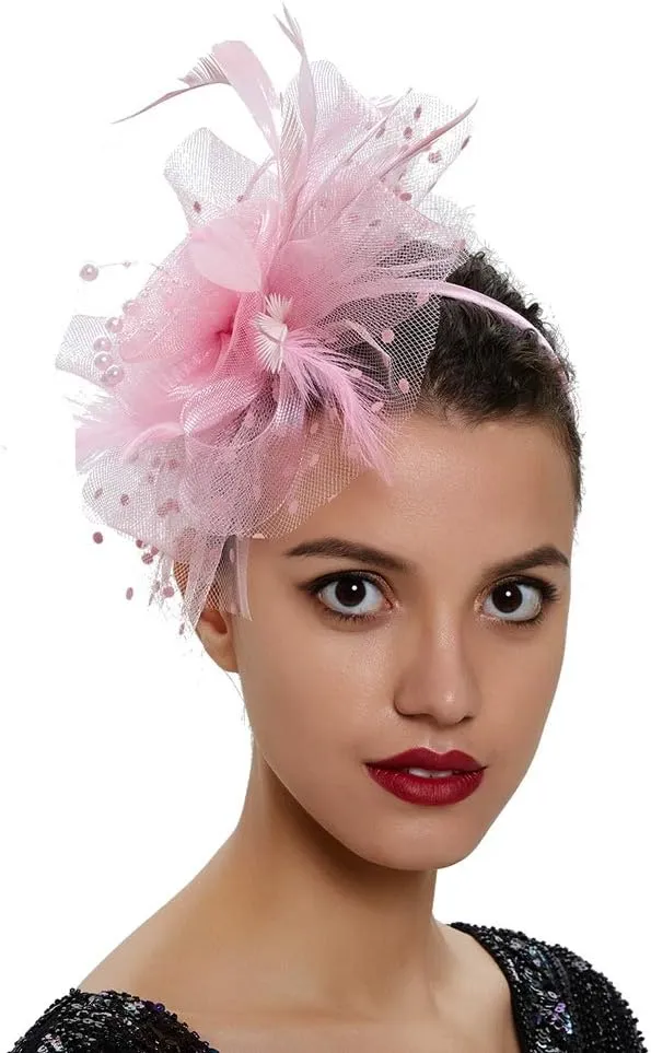 Women Fascinator Feather Flower Hair Clip Pin Brooch Corsage for Bridal Hairband Derby Hat Cocktail Party Wedding
