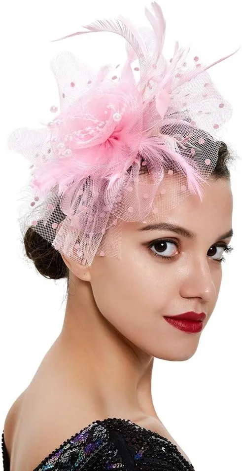 Women Fascinator Feather Flower Hair Clip Pin Brooch Corsage for Bridal Hairband Derby Hat Cocktail Party Wedding