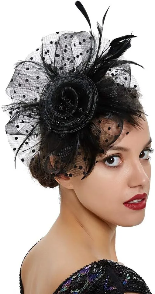 Women Fascinator Feather Flower Hair Clip Pin Brooch Corsage for Bridal Hairband Derby Hat Cocktail Party Wedding