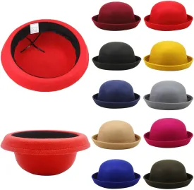 Women Felt Hat, Bucket Hat, Adjustable Vintage Bowler Suede Wool Hat with Bowknot Fall Bell Round Cap