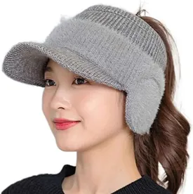 Women's Fashion Ear Guard Knit Cap-Winter Fleece Ponytail Hat Baseball w Earflap