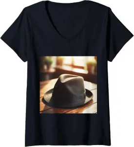 Womens Fedora Hat V-Neck T-Shirt