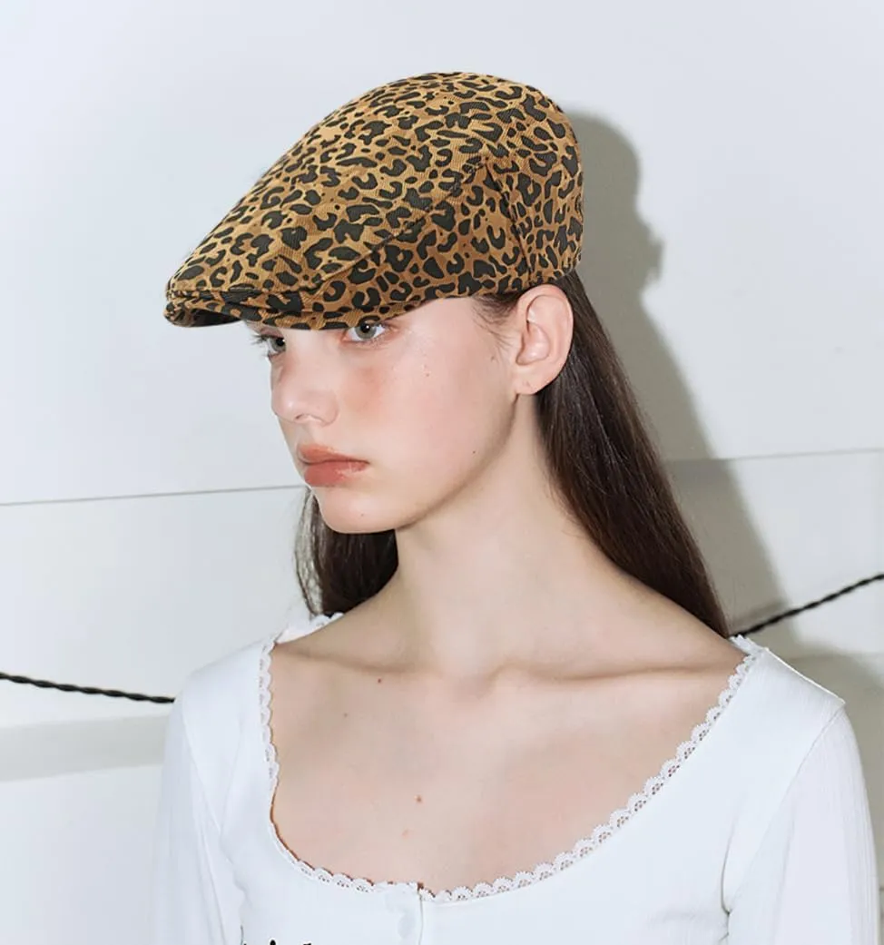 Womens Leopard Print Beret Hat Retro Newsboy Ivy Cap Cabbie Flat Cap