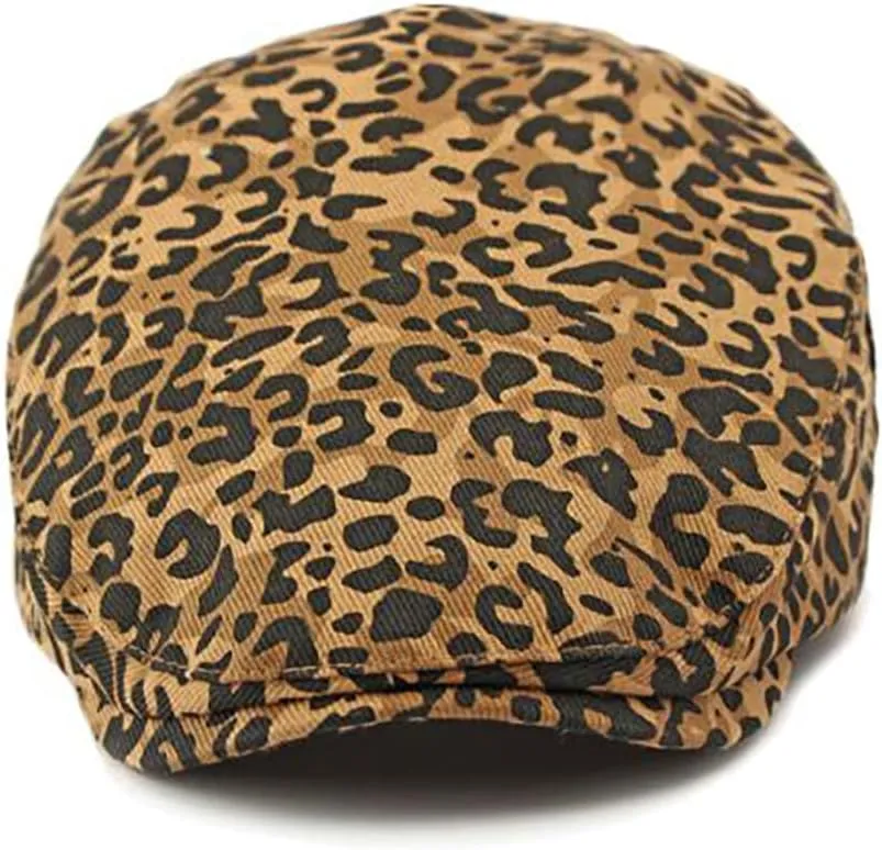 Womens Leopard Print Beret Hat Retro Newsboy Ivy Cap Cabbie Flat Cap