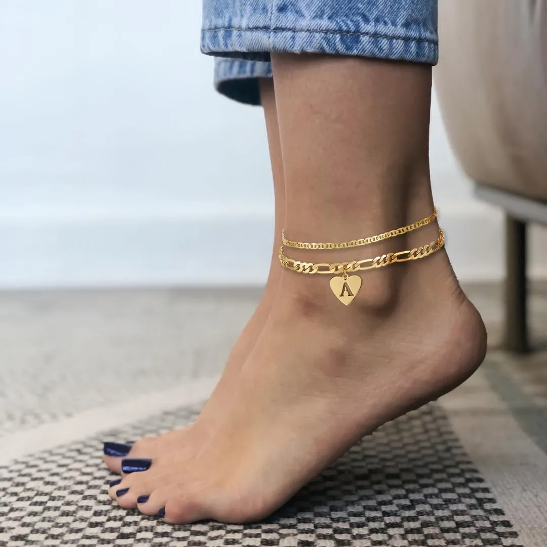 YANODA Initial Ankle Bracelets for Women, Layered Gold Anklets for Women 14k Real Gold Filled Figaro Letter Anklets for women waterproof Summer Jewelry Personalized Gifts for Women