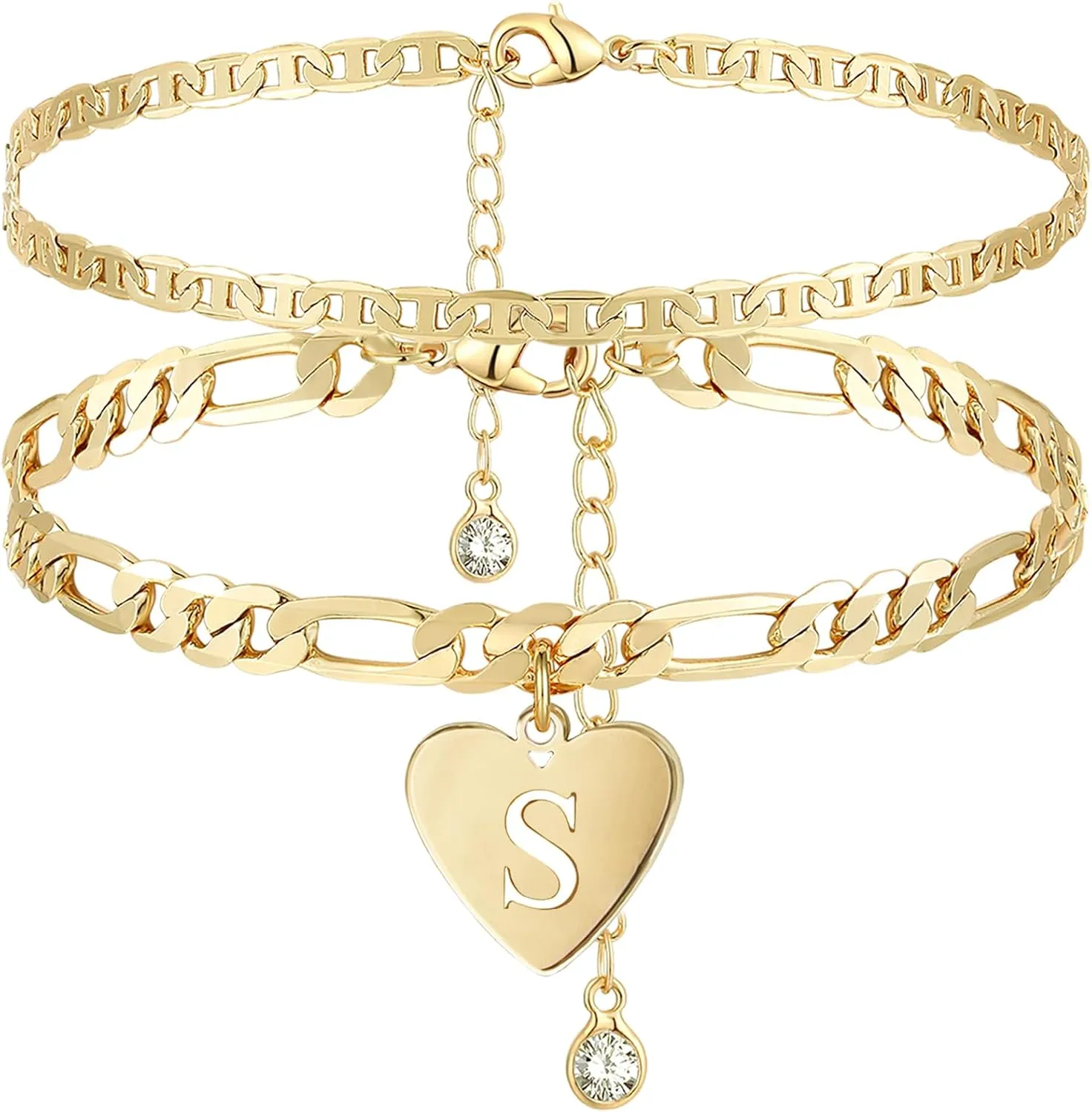YANODA Initial Ankle Bracelets for Women, Layered Gold Anklets for Women 14k Real Gold Filled Figaro Letter Anklets for women waterproof Summer Jewelry Personalized Gifts for Women