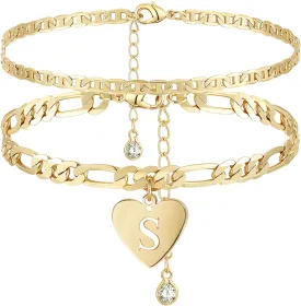 YANODA Initial Ankle Bracelets for Women, Layered Gold Anklets for Women 14k Real Gold Filled Figaro Letter Anklets for women waterproof Summer Jewelry Personalized Gifts for Women